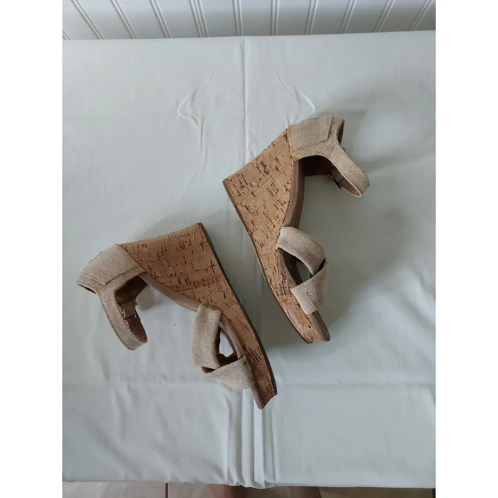 Toms Women's Size 7.5 Sierra Natural Canvas Cork Strappy‎ Wedges Sandals